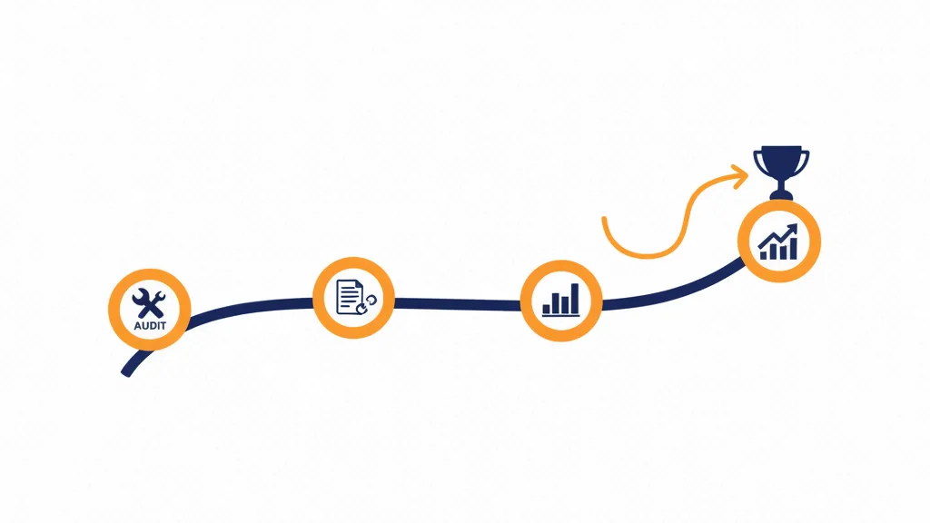 SEO roadmap timeline climbing from an initial audit through optimization to measurable ranking and traffic growth