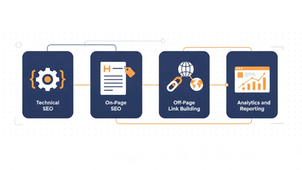 Four SEO skill pillars: technical SEO, on-page SEO, off-page link building, and analytics and reporting