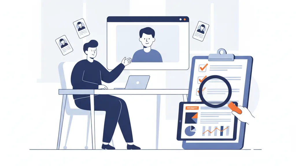 Hiring manager interviewing an SEO candidate on a video call next to a checklist and a magnifying glass over an audit report